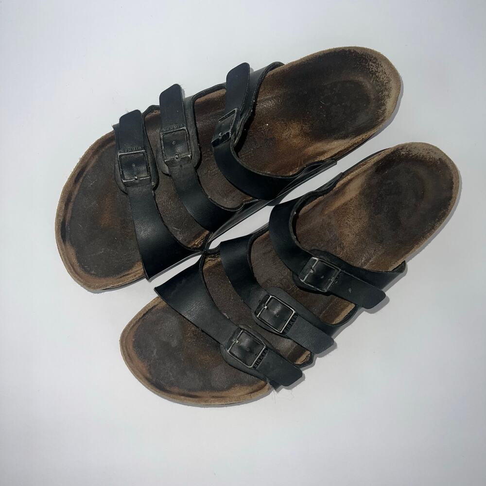 Birkenstock Florida Black Leather Buckle Used Triple Strap Sandals Size 42 - Picture 2 of 16